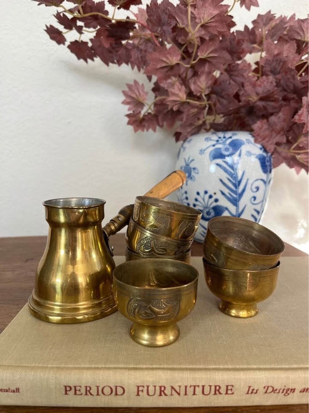 Vintage Brass Turkish Coffee Set with 6 Cups